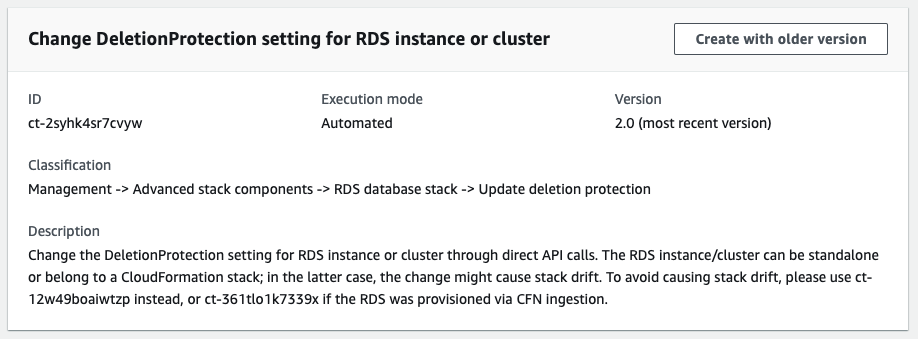 Alteração DeletionProtection configuração para instância ou cluster página do RDS mostrando campos de ID, modo de execução, versão, classificação e descrição.
