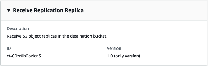 Receba o tipo de alteração da réplica de replicação mostrando descrição, ID ct-00zr0b0ozlcn3 e versão 1.0.