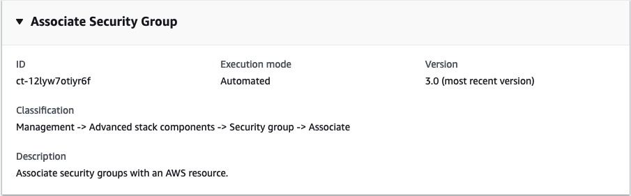 Detalhes do tipo de alteração do Grupo de Segurança Associado mostrando ID, modo de execução, versão e classificação.