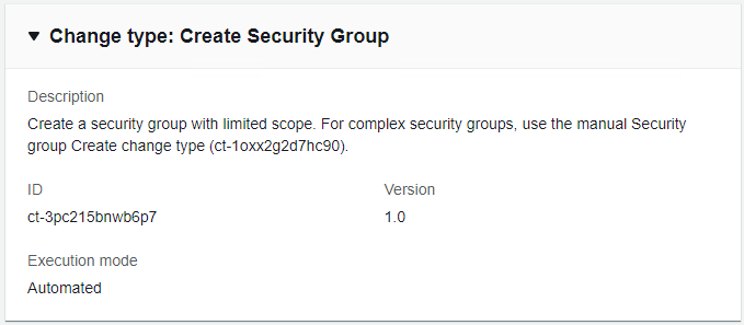 Alteração type details for creating a security group with limited scope, including ID and version.