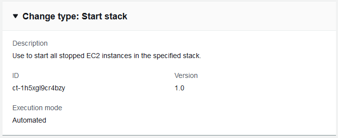 Alteração type details for "Start stack" with description, ID, version, and execution mode.