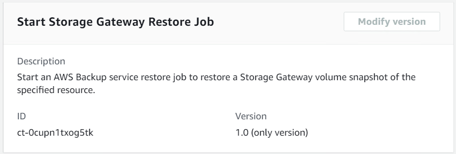 AWS Backup interface de trabalho de restauração de serviços para restauração Storage Gateway de instantâneos de volume.
