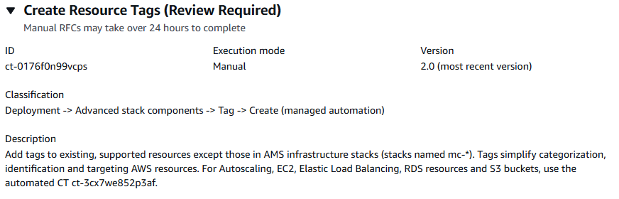 Interface de console para criar tags de recursos, mostrando detalhes como modo de execução e descrição.