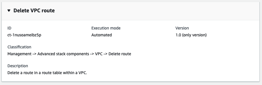 Captura de tela do tipo de alteração de rota Delete VPC no console AMS