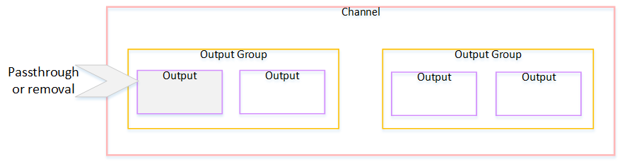 Channel diagram showing two output groups, each containing two outputs, with passthrough or removal option.