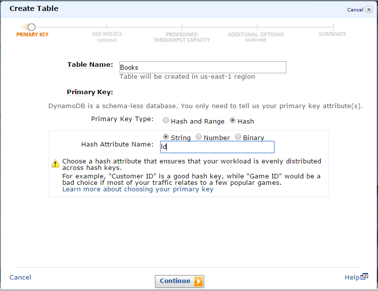 DynamoDB table creation interface showing table name, primary key type, and hash attribute configuration.