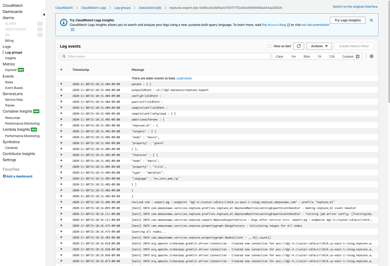 Captura de tela da exibição do CloudWatch Logs.