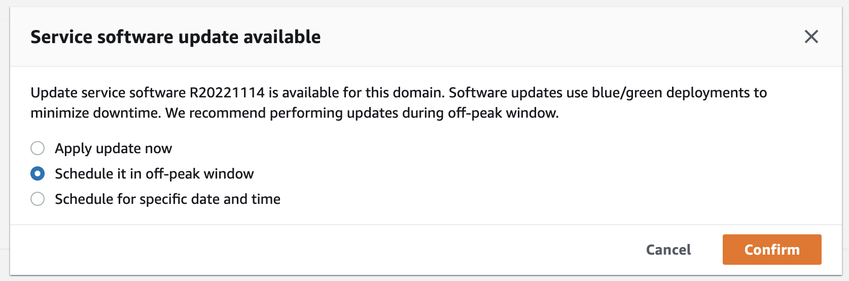 Software update dialog with options to apply now, schedule off-peak, or set specific time.