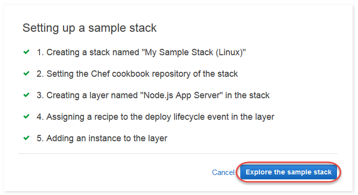 Checklist showing completed steps for setting up a sample stack with Node.js App Server.