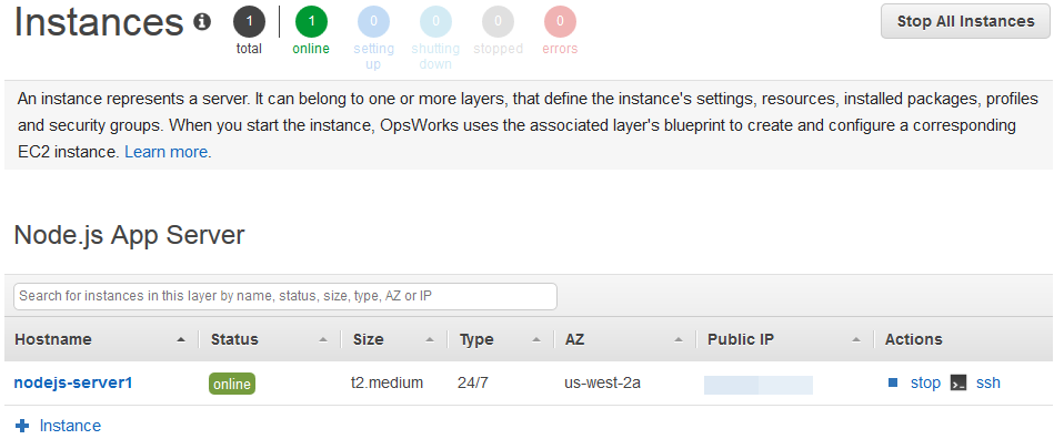 OpsWorks instance dashboard showing one online Node.js server in us-west-2a.