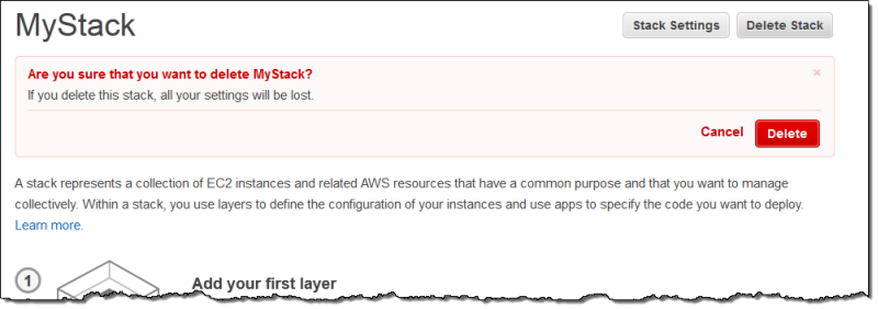 Confirmation dialog for deleting MyStack, warning of settings loss with Cancel and Delete options.