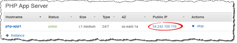 PHP App Server instance details showing hostname, status, and public IP address.