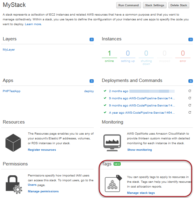 Tags section with icon and description for applying tags to stack resources.