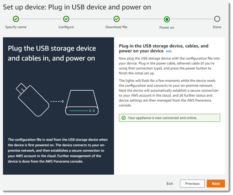 O registro do AWS Panorama Appliance está concluído.