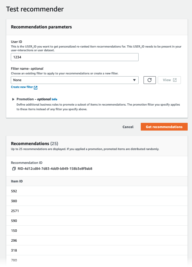 Mostra a página do recomendador de teste com campos para uma solicitação de recomendação.
