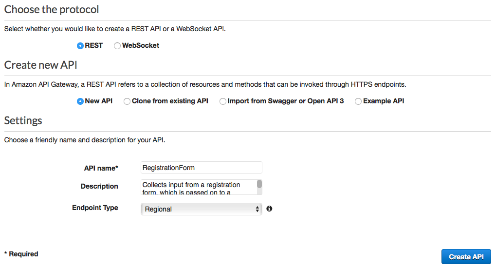 Protocolo definido como REST, Criar nova API definido como Nova API, Nome da API definido como e Tipo de endpoint definido como Regional. RegistrationForm