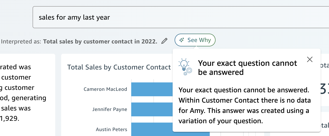 Sales data chart showing customer contacts and a popup explaining data limitations.