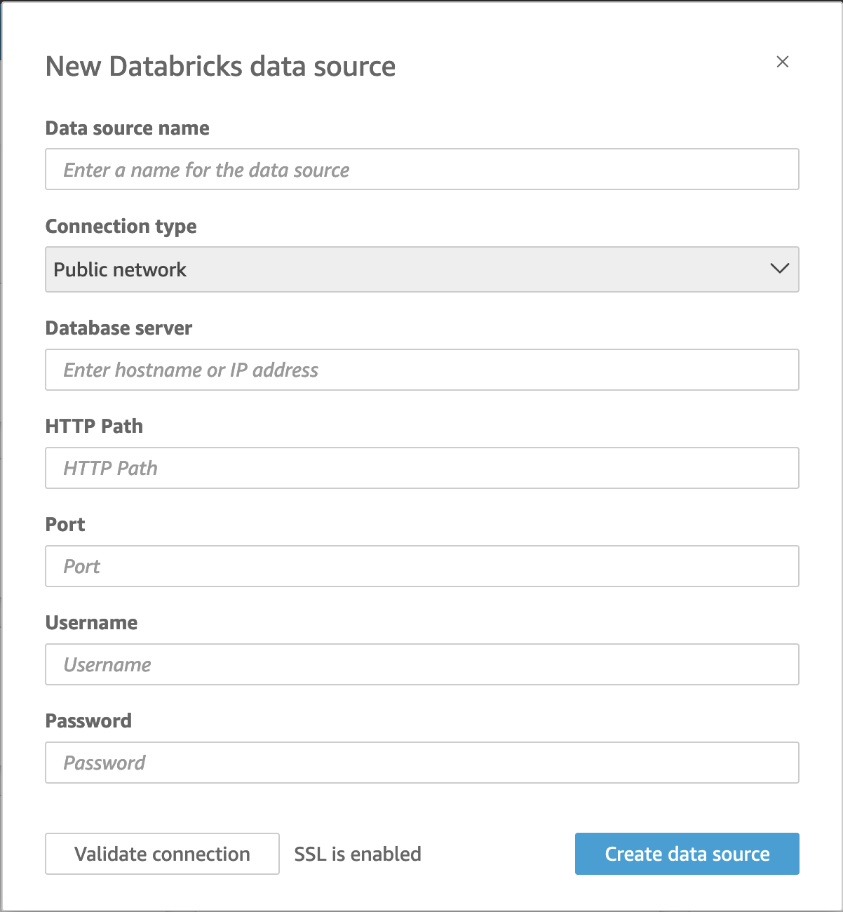 Uma imagem de uma tela para uma nova fonte de dados do Databricks. São mostrados todos os campos descritos nesta seção. O botão azul para criar a fonte de dados, no canto inferior direito, pode ser ativado pressionando ENTER.