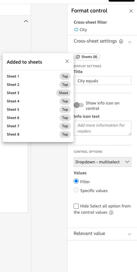 Esta é uma imagem de um controle de planilha cruzada em QuickSight.