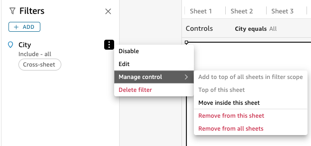 Esta é uma imagem de um controle de planilha cruzada em QuickSight.