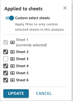 Esta é uma imagem do filtro de edição QuickSight com planilhas personalizadas selecionadas.