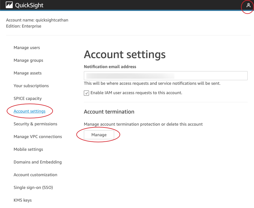 QuickSight account settings page with options for notification email and account termination.