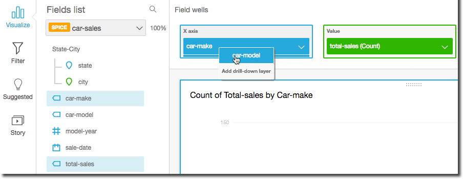 Fields list and visualization options for car sales data, including car make and model selection.