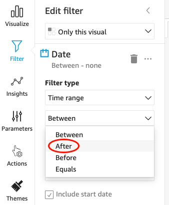 Filter type dropdown menu showing Time range and Between options with After highlighted.