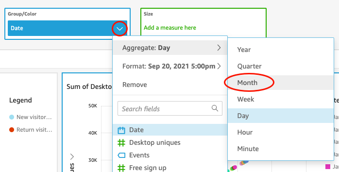 Data field dropdown showing aggregation options with 'Month' highlighted.