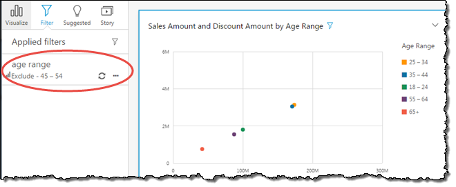 Sales and discount amounts by age range chart with applied filter excluding 45-54 range.