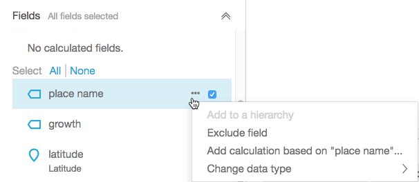 Field selection interface with options for place name, growth, and latitude.