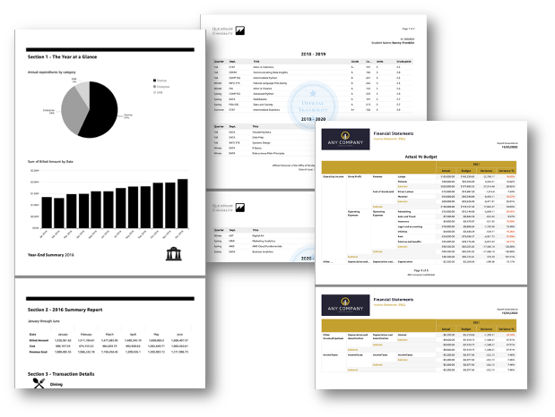 Financial reports and dashboards displayed on tablet devices, showing charts and data tables.