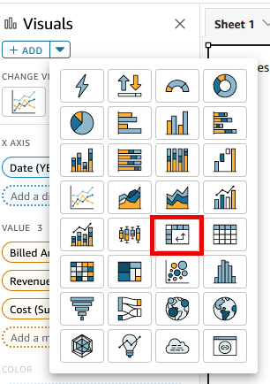 Grid of chart icons including bar, line, pie, and other data visualization options.