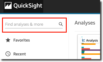 Search bar with "Find analyses & more" placeholder text in QuickSight interface.