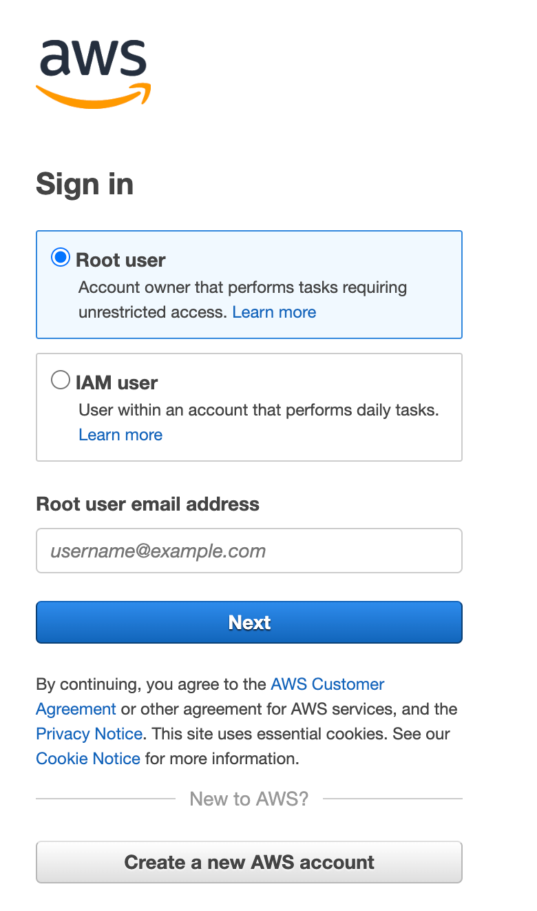 AWS sign-in page with options for Usuário raiz or Usuário do IAM, and email input field.