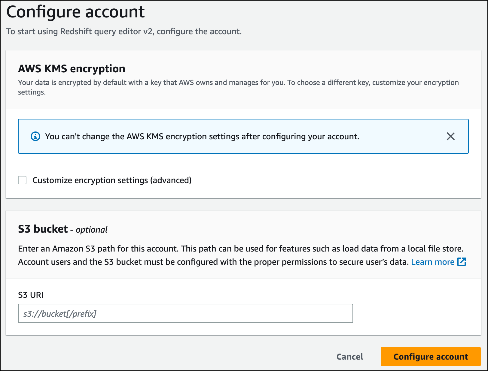 Configure a criptografia do AWS KMS e especifique o URI do bucket do S3 antes de continuar.