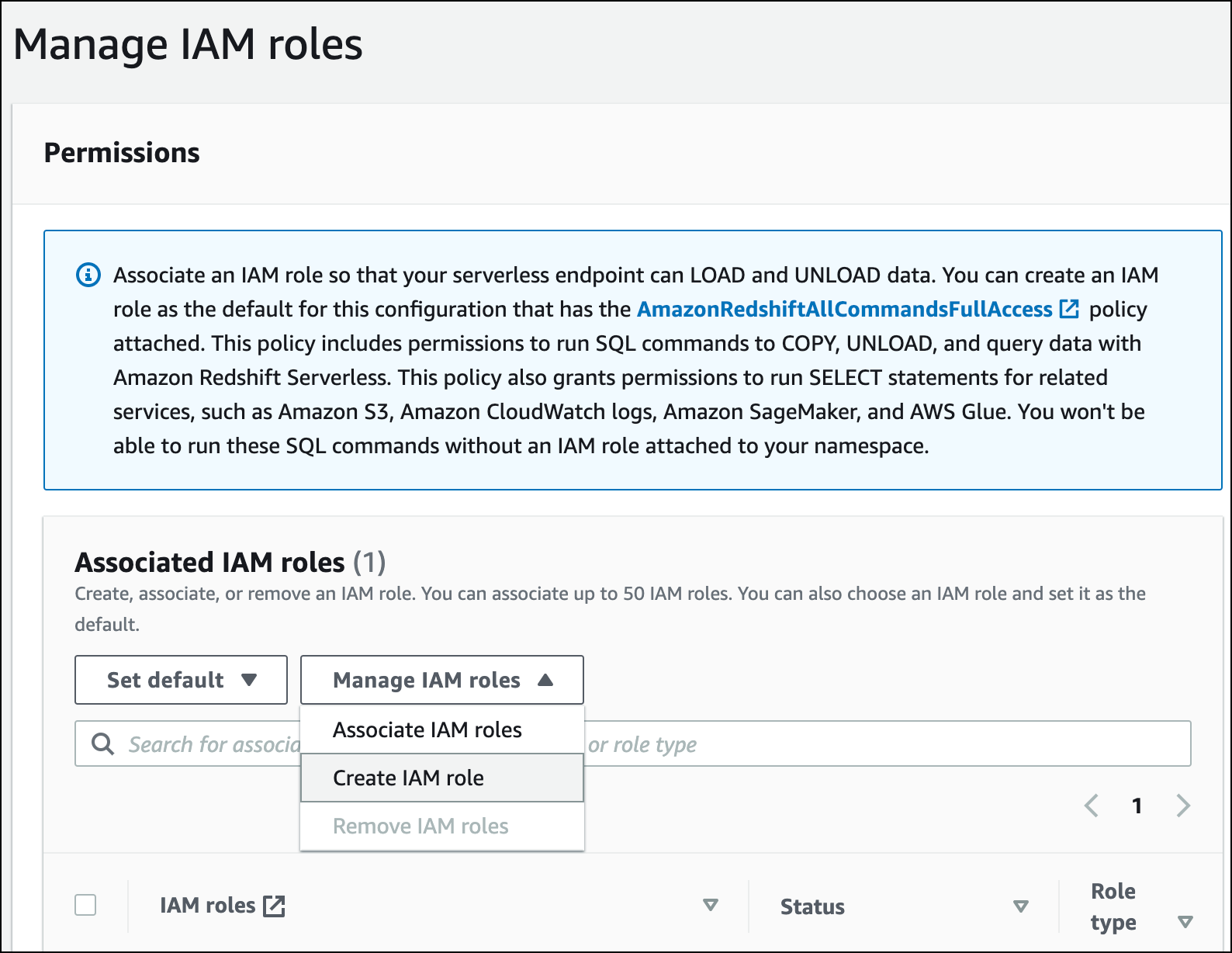 Expanda o menu Gerenciar perfis do IAM e escolha Criar perfil do IAM.