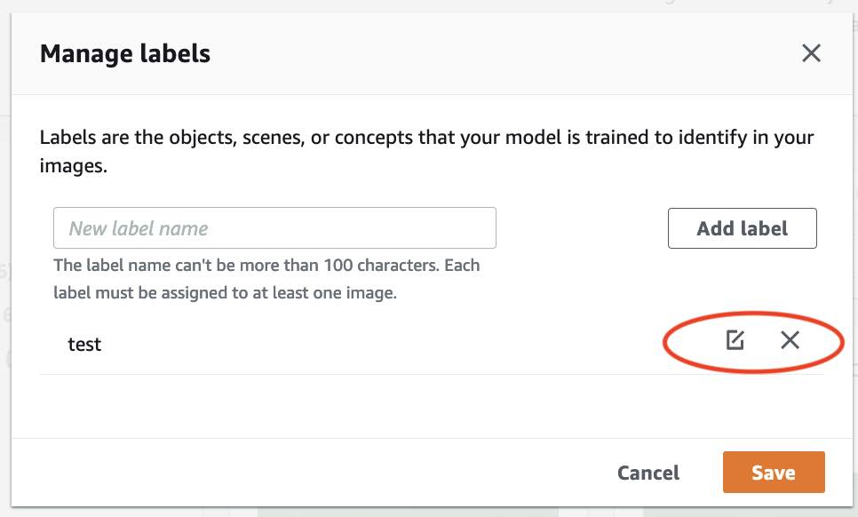 Caixa de diálogo Gerenciar rótulos mostrando um campo de texto para adicionar um novo rótulo e um rótulo existente chamado “test”, com opções para salvar ou cancelar alterações.