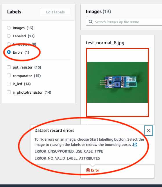 Caixa de diálogo de erro mostrando "ERROR_ UNSUPPORTED _ USE _ CASE _TYPE" e "ERROR_NO_ _ VALID LABEL _ATTRIBUTES" em “Erros de registro do conjunto de dados”.