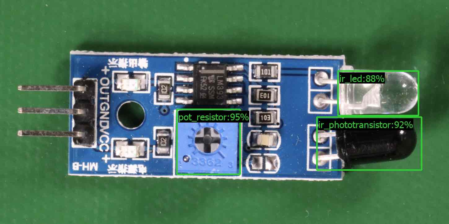 Placa de circuito com potenciômetro, fototransistor infravermelho e componentes rotulados. LED