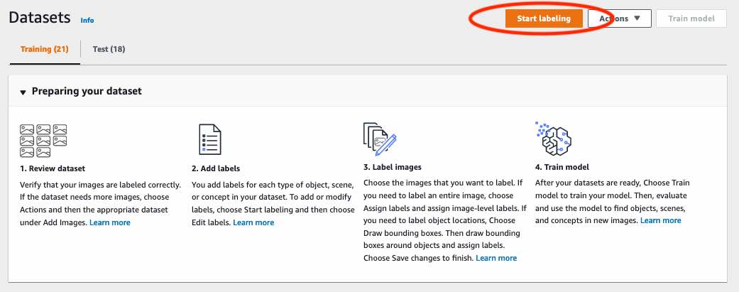 Interface da galeria de conjuntos de dados mostrando etapas para rotular imagens: revisar, adicionar rótulos, rotular localizações de objetos com caixas delimitadoras e modelo de trem. Botão Iniciar rotulagem destacado.