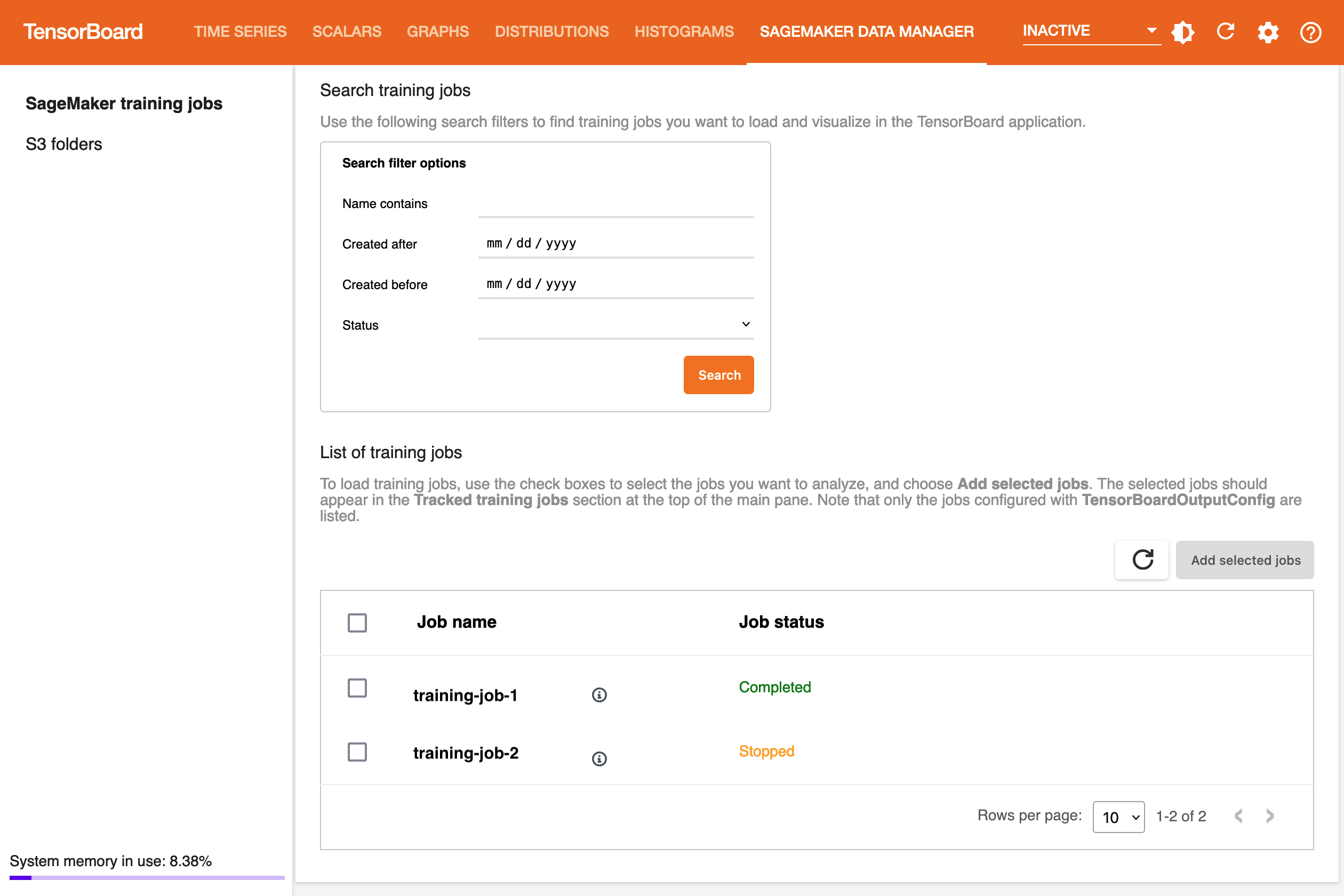 A exibição da guia Gerenciador de SageMaker dados.