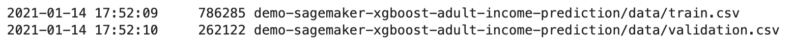 Saída do comando da CLI para verificar os conjuntos de dados no bucket do S3.