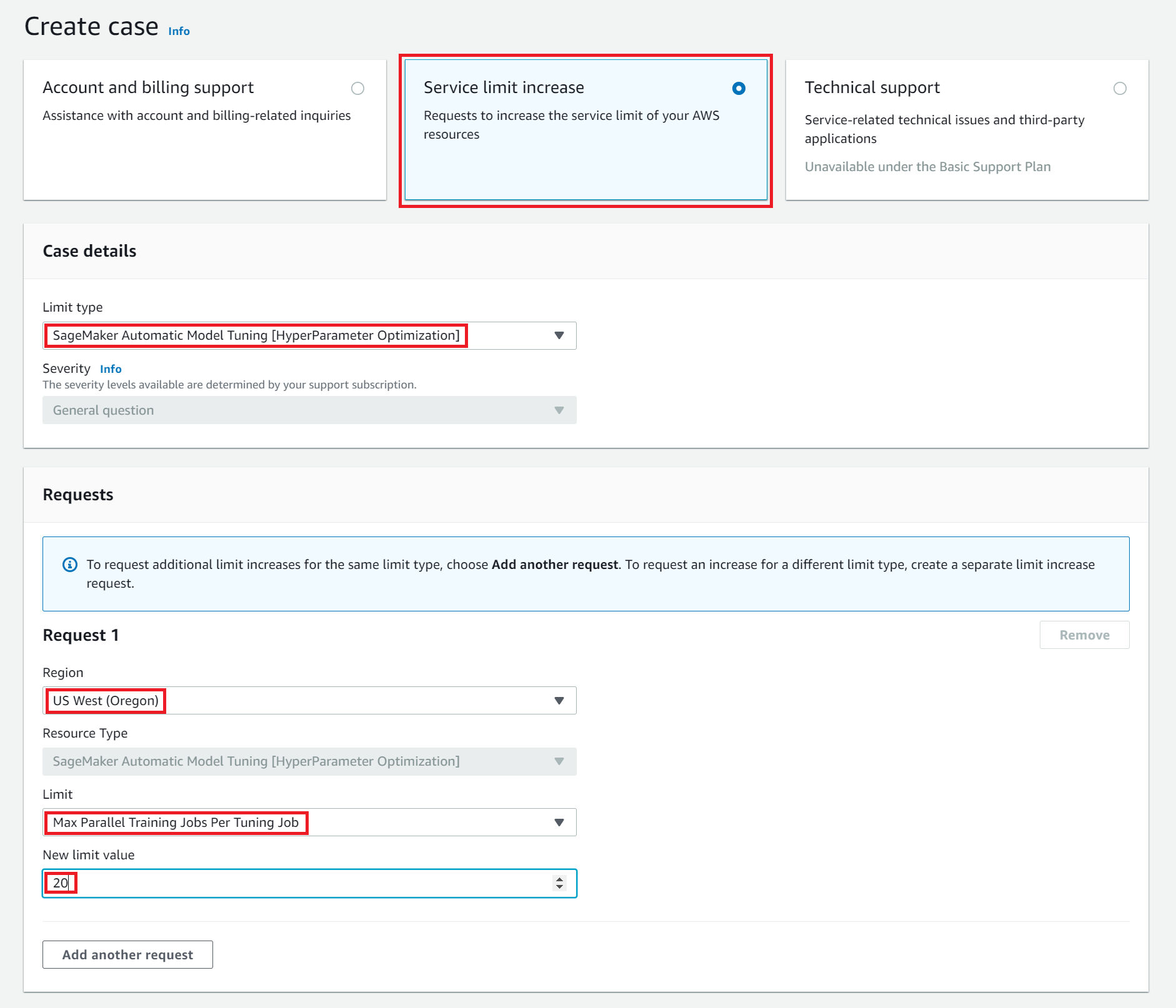 Interface do usuário para solicitar aumento de limite de recursos.