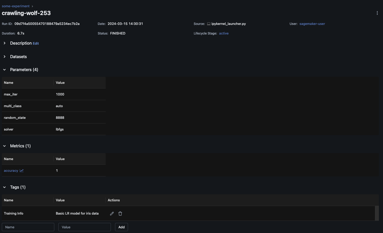 Parâmetros monitorados para um experimento executado na MLflow interface do usuário.