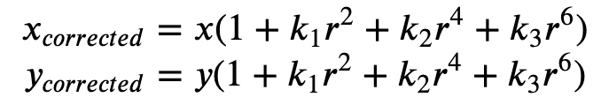 Fórmula 1: equações para x_ {corrigido} e y_ {corrigido}, para não distorcer a distorção radial.