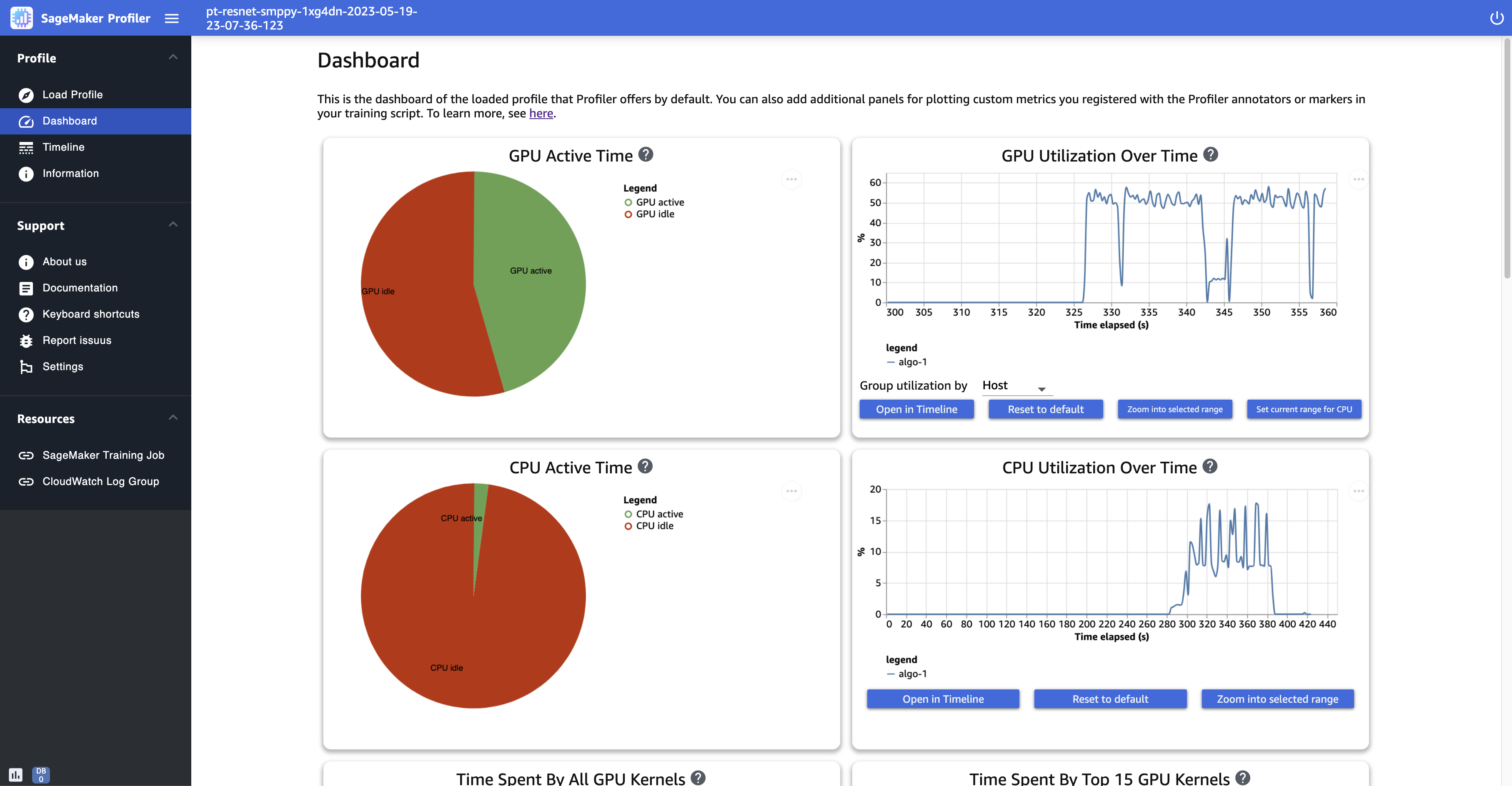 Uma captura de tela da página do Dashboard na interface do SageMaker Profiler