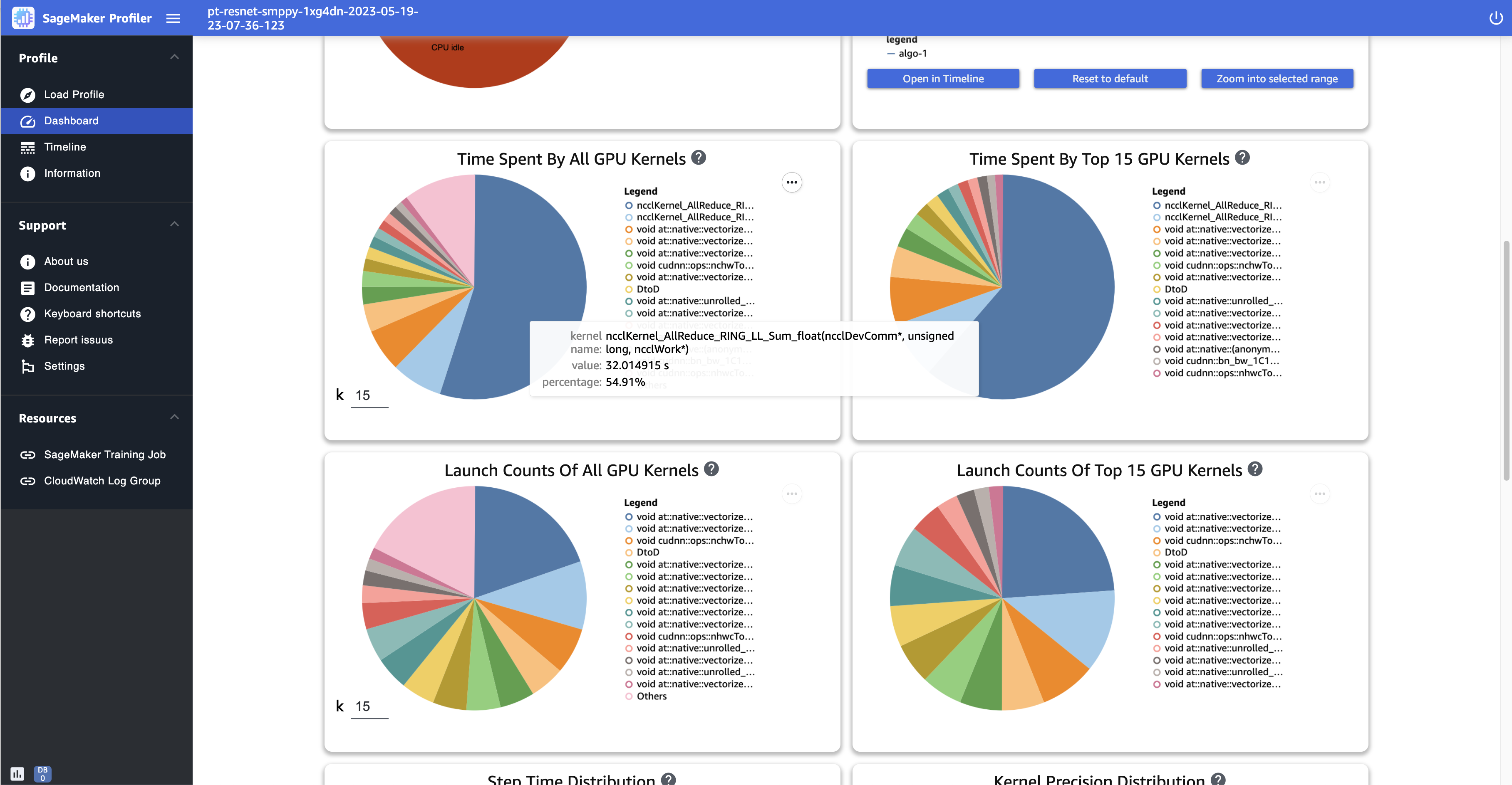 Uma captura de tela da página do Dashboard na interface do SageMaker Profiler