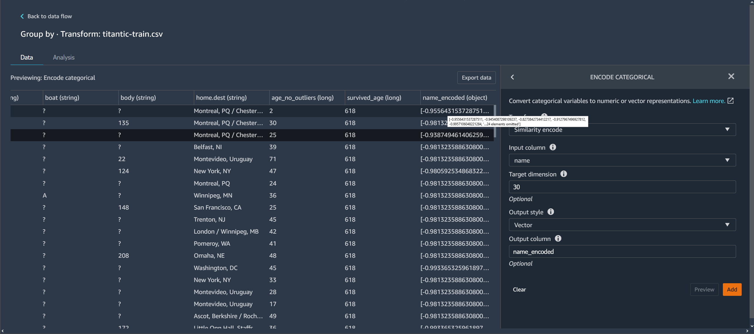 Exemplo de representação vetorial de uma variável encontrada em uma tabela no console do Data Wrangler.