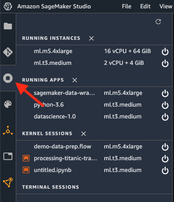 A localização do ícone de Terminais e kernels em execução no console.